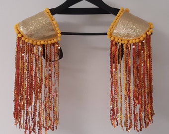 RAY OF LIGHT - Red, orange and gold sequin fringe epaulettes, iridescent gold shoulderpieces, festival fashion