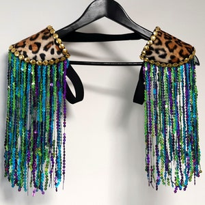 ACROBAT - Turquoise/green/purple sequin fringe epaulettes, leopard print shoulder pads, festival clothes