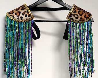 ACROBAT - Turquoise/green/purple sequin fringe epaulettes, leopard print shoulderpads, festival clothes