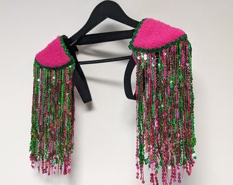 DIVINE - Pink/green sequin fringe epaulettes, pink fluffy shoulder pads, festival clothes