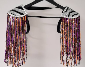 ADVENTURER - Black/purple/orange sequin fringe epaulettes, black velvet shoulderpads, festival clothes