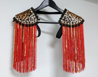 WHISK ME AWAY - Red fringe and gold sequin fringe epaulettes, fluffy leopard shoulder pads, festival clothes