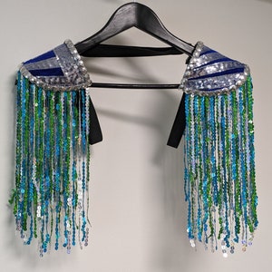 SURPRISE! - Turquoise/green/silver sequin fringe epaulettes, royal blue velvet shoulder pads, festival fashion