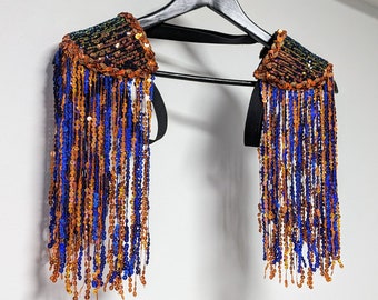 ECLIPSE - Orange/blue sequin fringe epaulettes, sequin shoulder pads, festival clothes