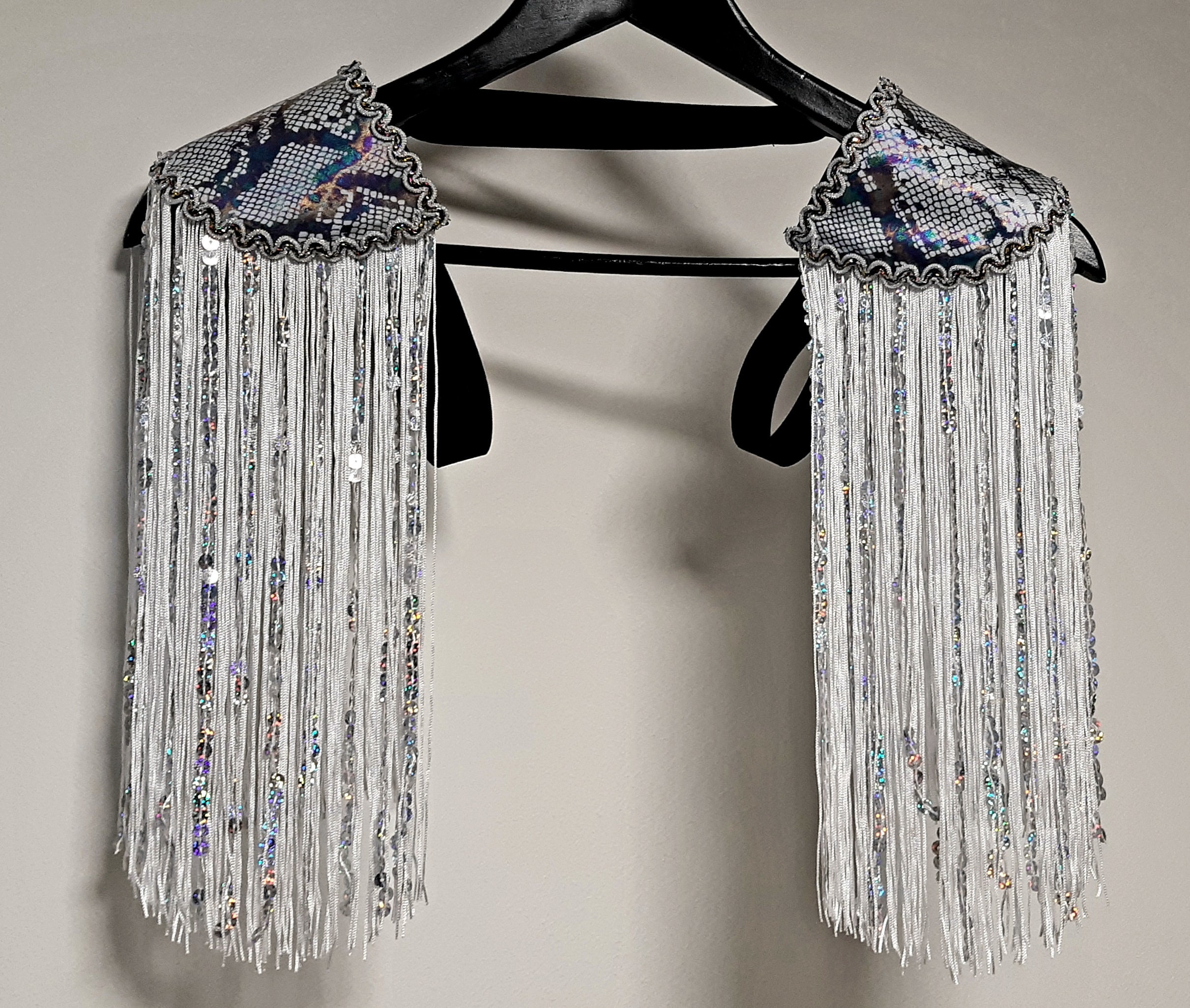 DAZZLE - White Nylon and Silver Sequin Fringe Epaulettes