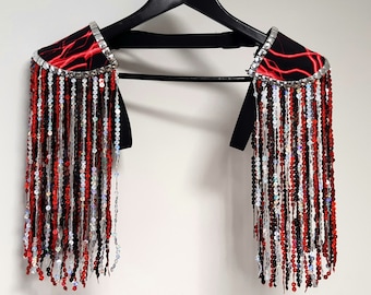 THUNDER - Red/black/silver sequin fringe epaulettes, lightning print shoulder pads, festival clothes