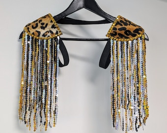 LIGHT FANTASTIC - Gold/silver/black sequin fringe epaulettes, leopard print shoulder pads, festival clothes