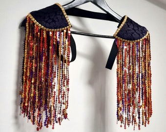 CREATOR - Purple/red/gold sequin fringe epaulettes, purple velvet leopard print shoulder pads, shoulder embellishment, party outfit