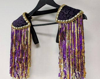 MAJESTIC - Purple/gold sequin fringe epaulettes, leopard print shoulderpads, festival clothes