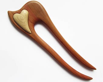 Fourche à cheveux en bois naturel, fourche à cheveux, bois, bâton à cheveux, 2 broches, érable, prune, cœur, cœur d'amour, cadeau pour elle, haarforke, haarnadel