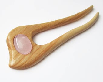 Fourchette à cheveux en bois, bois, 2 dents, quartz rose, tige pour cheveux, épingle à cheveux, fourche à cheveux, bois de frêne, haarnadel, accessoires pour cheveux