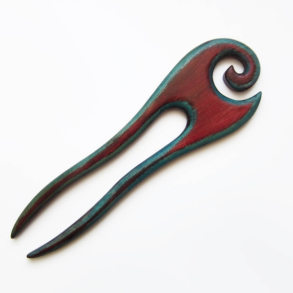 Wooden Hair Fork, hairfork, wood, hair stick, two prong, ash wood, hair pin, retro, hand painted, spiral