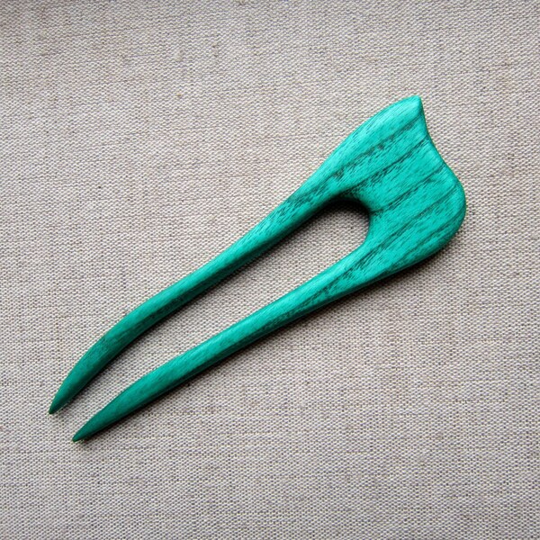 Wooden Hair Fork, hairfork, wood, 2 prong, ash wood, blue, green, turquoise, haarforke, hairpin, hairstick