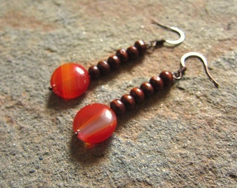 Carnelian Earrings, wooden earrings, handmade, gemstone earrings, gift for her, orange earrings, love gift