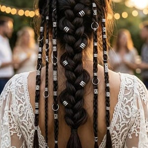 Peut inclure: Une robe en dentelle blanche avec un décolleté profond dans le dos, portée avec des cheveux brun foncé coiffés en une tresse centrale épaisse et plusieurs tresses latérales. Les cheveux sont ornés d'anneaux et de perles cylindriques argentés.