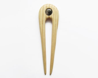 Wooden Hair Fork, hairfork, wood, hair stick, 2 prong, quartz, tourmaline, haarforke