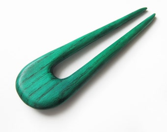 Wooden Hair Fork, hairfork, wood, 2 prong, green, haarforke, hair stick