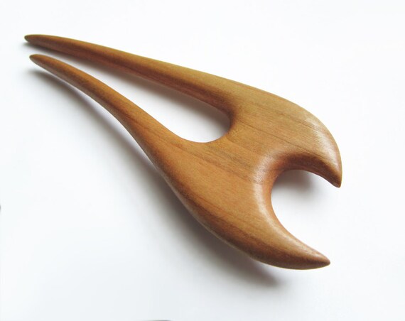 Hand Carved Cherry Wood Hair Fork, Bohemian Two Prong Hair  display picture 3