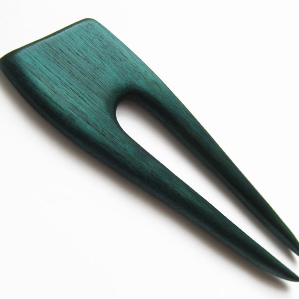 Wooden Hair Fork, hairfork, dark green, turquoise, wood, 2 prong, mahogany wood, hair stick