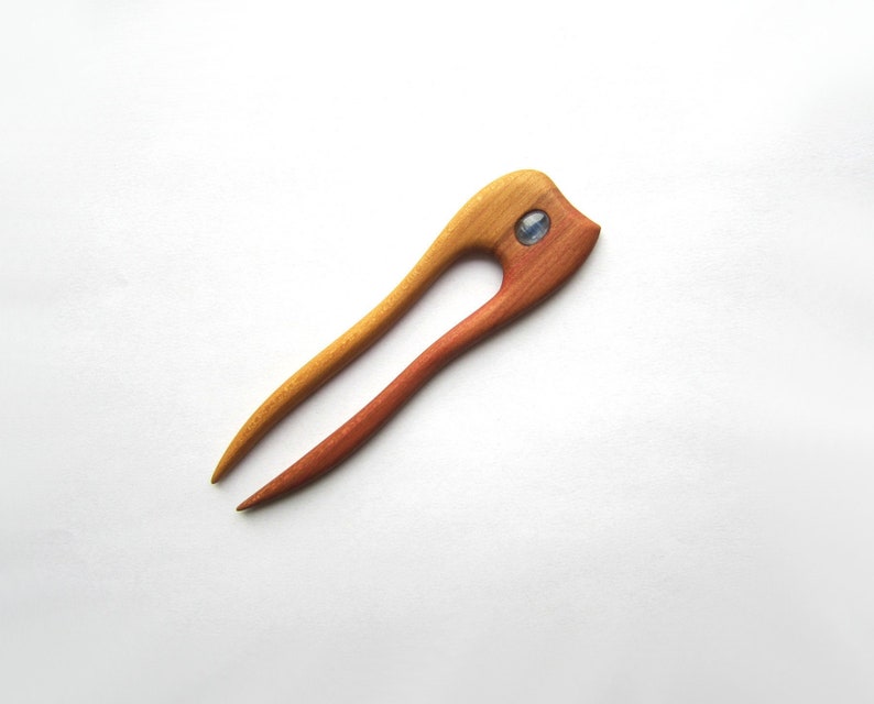 Wooden Hair Fork, hairfork, wood, 2 prong, blue stone, hair stic