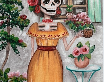 May include: A Day of the Dead-inspired illustration of a skeleton woman wearing a yellow dress with red trim and a floral headband. She is holding a cup of coffee and standing in a garden setting.