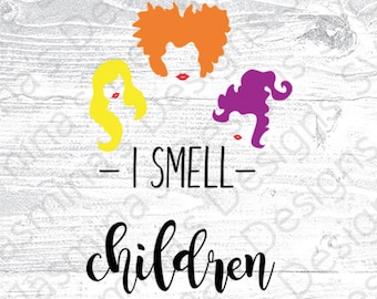 May include: A digital illustration of three witches with the text "I smell children" on a white woodgrain background.