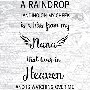 A raindrop landing on my cheek is a kiss from my Nana, Digital Download, Print, Cut, SVG, PNG, jpeg, dxf, eps, for Cricut & Silhouette