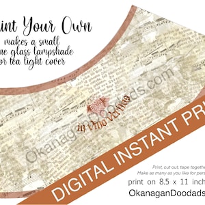 May include: Digital instant print for a wine glass lampshade or tea light cover. The design features a vintage paper texture with musical notes and text. The text reads "Print Your Own" and "OkanaganDoodads.com".