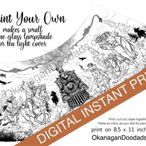 May include: Black and white digital instant print with a Wild West theme. The design includes cowboys on horseback, a train, and the text "Print Your Own" and "DIGITAL INSTANT PRINT". It is designed to make a small wine glass lampshade or tea light cover.