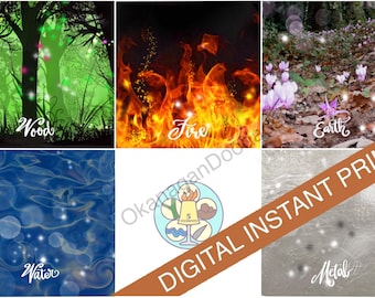 May include: A digital instant print featuring six panels with nature-themed illustrations. The panels depict wood, fire, earth, water, and metal, with the words for each element written in cursive. The central panel shows the five elements.