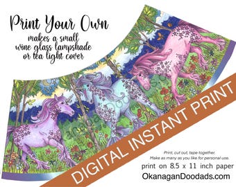 May include: A digital instant print with a fantasy illustration of three unicorns in a forest. The unicorns are in pink and blue with star patterns. Text includes "Print Your Own" and "makes a small wine glass lampshade or tea light cover."