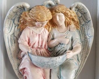 Holy water font/potpourri/garden art....vintage...chalkware...angels...handpainted...flawless...quite large