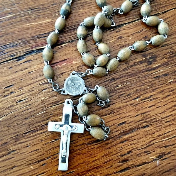 Vintage rosary...France....brown wooden beads...silvertone chain