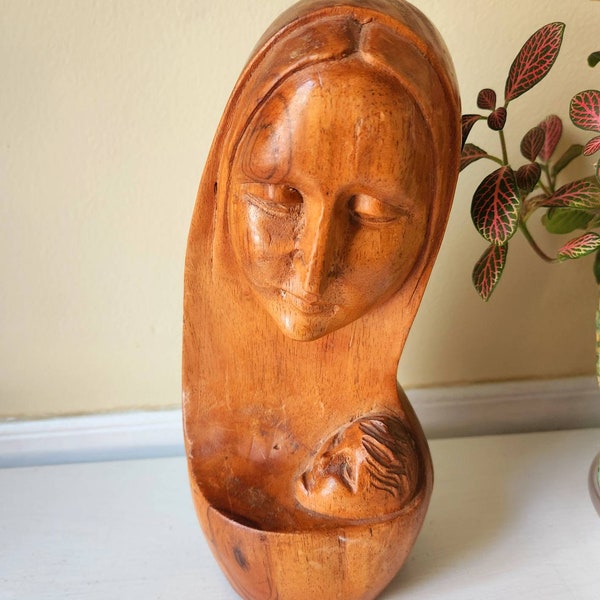 Handcarved Madonna sculpture...monkey pod wood...vintage...primitive...minimalist