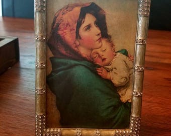 Madonna of the Streets print in vintage frame...light green with rhinestones...marbled look. Robert Feruzzi