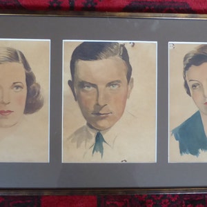 Framed and glazed set of 3 1930's Hollywood style watercolour portraits