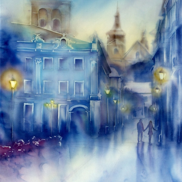 Ukraine Lviv cityscape L'Heure Bleue silk batik painting jpg downloadable printable poster digital art