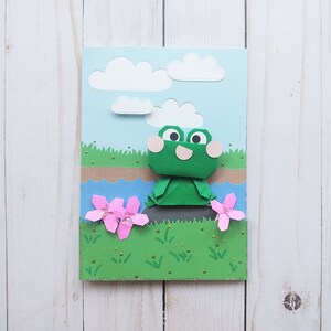 Handgemachte Origami Frosch auf A Rock All Anlass Karte, Geburtstagskarte, Muttertagskarte, Dankeskarte, Snail Mail, Kawaii, Natur Geschenk
