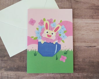 PRINTED Origami Bunny And Flowers In Mug All Occasion Card, Printed Art, Birthday, Origami Wall Art, Snail Mail, Easter, Spring Greeting