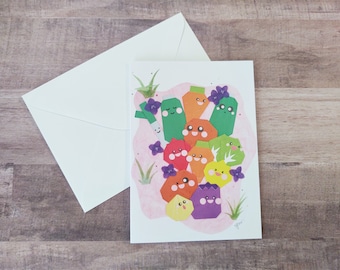 PRINTED Origami Happy Veggies,  Vegetables  All Occasion Card, Printed Art, Birthday, Origami Wall Art, Cute, Funny,  Spring Greeting