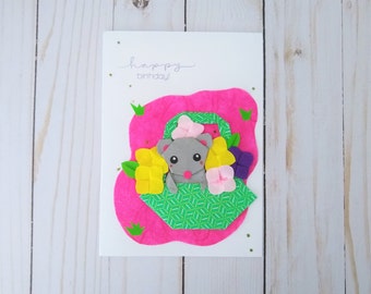 Handmade Cute Origami Mouse In A Flower Basket Birthday Greeting Card, Birthday Card, All Occasion Card, Thank You Card, Kawaii, Snail Mail
