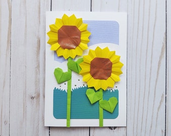 Handmade Origami Sunflowers All Occasion Card, Birthday Card, Mother's Day Card, Thank You Card, Snail Mail, Kawaii, Paper Flower Gift