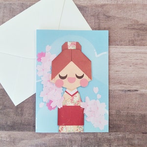 GEDRUKT Origami Meisje in Kimono Lege Kaart, Gedrukte Kunst, Verjaardag, Japanse Muurkunst, Slakkenpost, Kokeshi Pop, De Lente, De Groet van Sakura