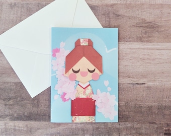 PRINTED Origami Girl In Kimono Blank Card, Printed Art, Birthday, Japanese Wall Art, Snail Mail, Kokeshi Doll, Spring, Sakura Greeting