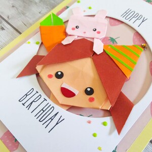 Handgemachte Origami Mädchen und Hase Geburtstagskarte