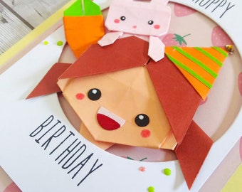 Handmade Origami Girl And Bunny Birthday Card