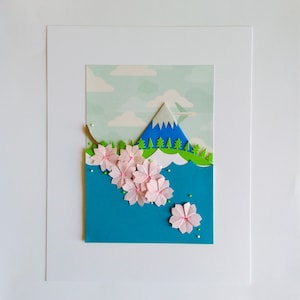 Original Art - Handmade Origami Japan Scene 8&quot; x 10&quot;  Wall Art UNFRAMED, Wall Art, Mount Fuji, Origami Art, Japanese Art, Paper Art