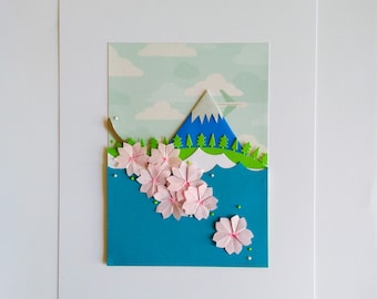 Original Art - Handmade Origami Japan Scene 8" x 10"  Wall Art UNFRAMED, Wall Art, Mount Fuji, Origami Art, Japanese Art, Paper Art