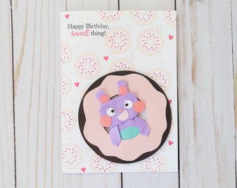 Handmade Origami Bunny/ Rabbit In A Donut Birthday Greeting  Card, Love Card, Donut Cart, Origami Rabbit, Kawaii Origami Card, Snail Mail