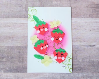 PRINTED - Origami Strawberries Postcard , Printed Art, Wall Art, Origami Wall Art, Snail Mail